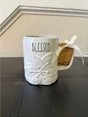 NWT Rae Dunn Blessed White Ceramic Mug with Floral detail